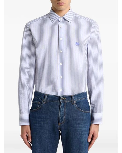 Etro Blue Striped Cotton Seersucker Shirt for men