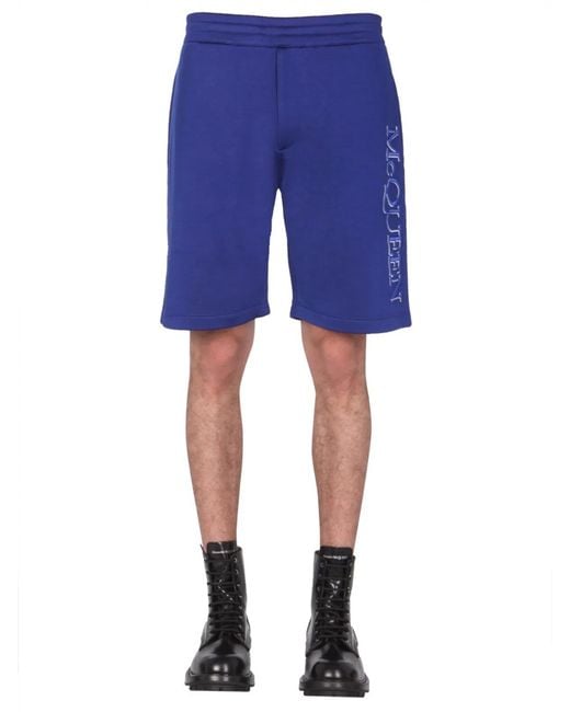 McQueen Blue Shorts With Embroidered Logo for men