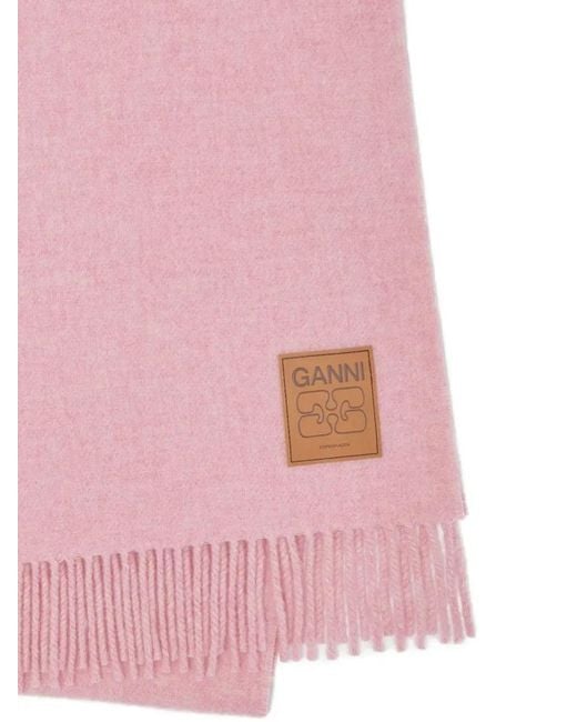 Ganni Pink Fringed Scarf With Logo Patch