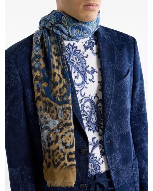 Etro Blue Animal Print Scarf for men