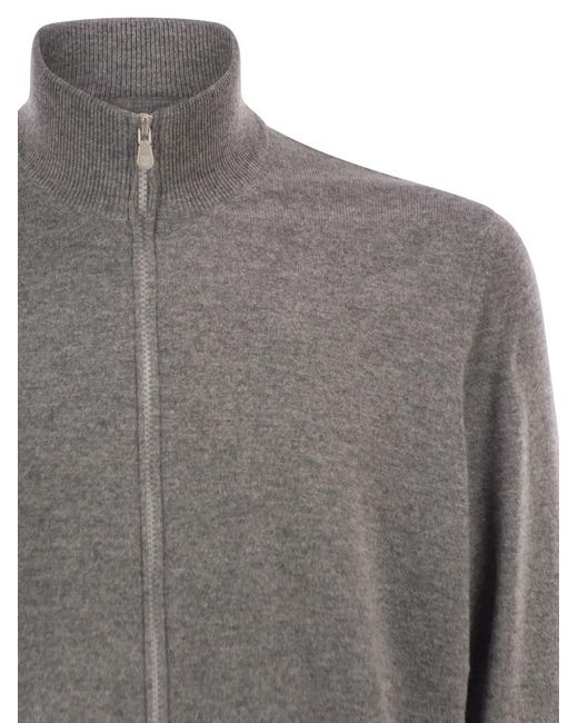 Brunello Cucinelli Gray High-Necked Cashmere Cardigan With Zip for men