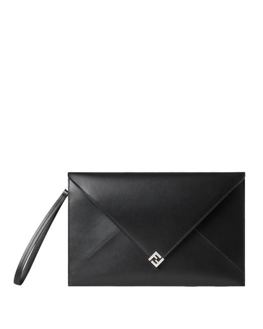 Fendi Black Large Ff Squared Leather Flat Pouch for men
