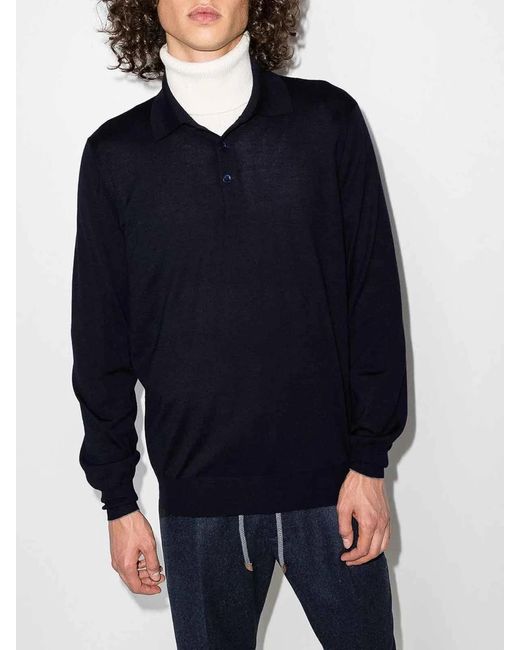 Brunello Cucinelli Blue Polo-Style Lightweight Sweater for men