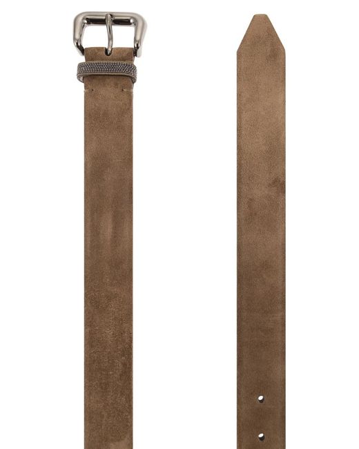 Brunello Cucinelli Brown Suede Leather Belt With Jewelled Keeper