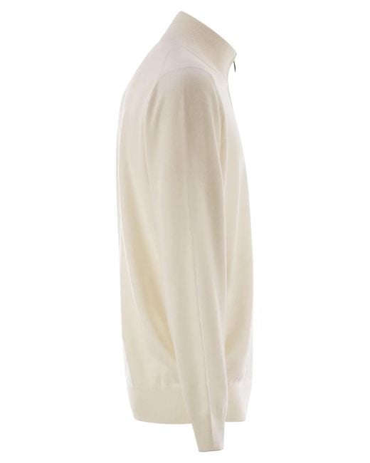 Brunello Cucinelli White High-Necked Cashmere Sweater With Zip Opening for men