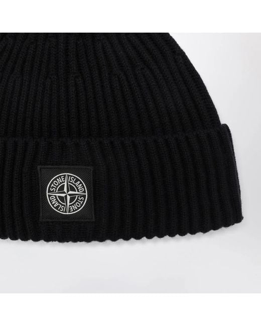 Stone Island Black Wool Beanie With Compass Patch for men