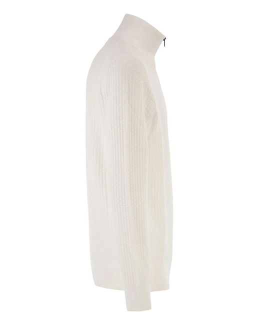 Boss White Textured Cotton Sweater With High Neck And Zip for men