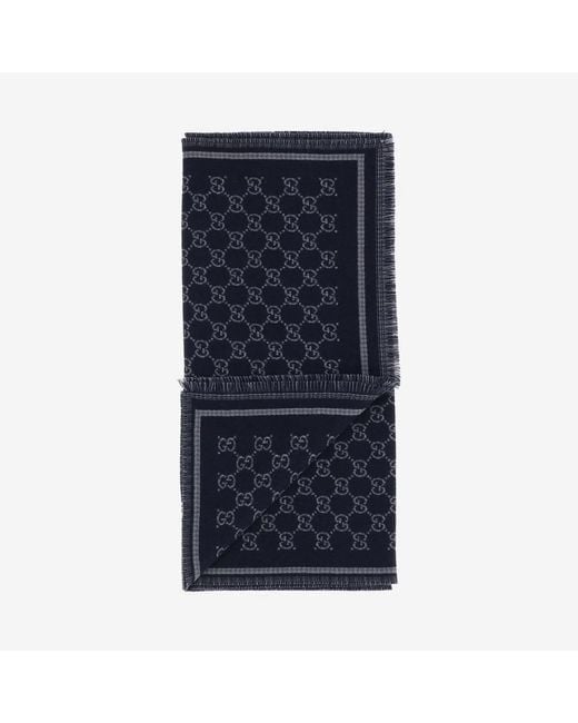 Gucci Blue Logo Patterned Fringed Scarf for men