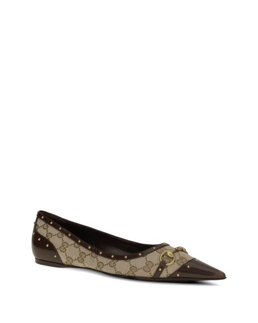 Gucci White Horsebit Studded Ballet Flats