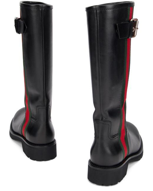 Gucci Black Leather Web Biker Boots