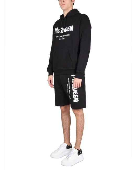 McQueen Black Bermuda Shorts With Graffiti Logo Print for men