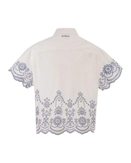 Mc2 Saint Barth White Cropped Cotton Shirt With Floral Embroidery