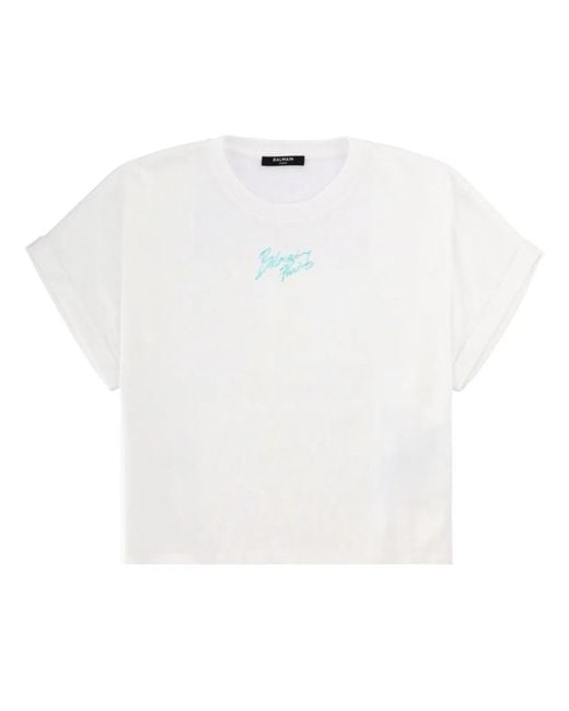 Balmain White Cropped T-Shirt With Logo