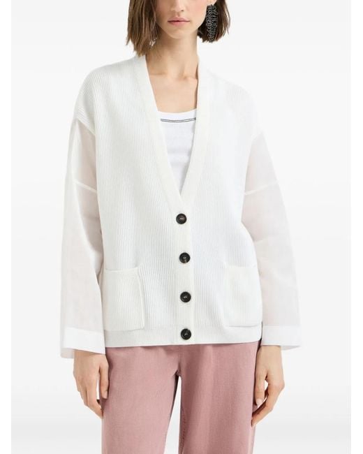 Brunello Cucinelli White Ribbed Cardigan With Organza Sleeves