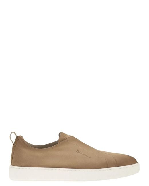 Santoni Brown Suede Leather Slip-On Trainers With Rubber Sole for men