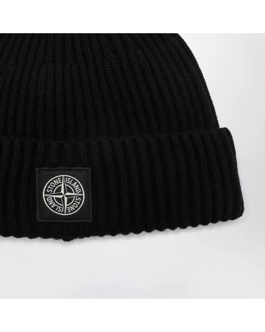 Stone Island Black Compass Patch Beanie for men