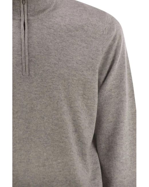 Brunello Cucinelli Gray High-Necked Cashmere Sweater With Zip Opening for men