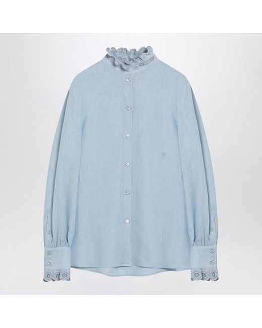 Valentino Blue Light Linen Shirt With Ruffles