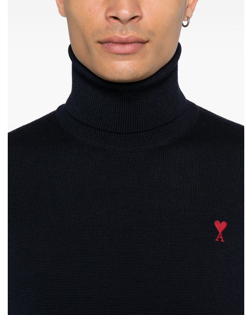 AMI Black De Coeur Monogram Heart-Embroidered Turtleneck Sweater for men