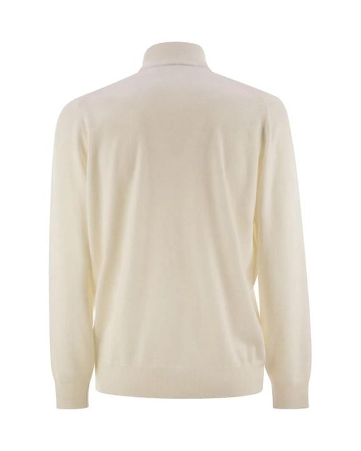Brunello Cucinelli White High-Necked Cashmere Sweater With Zip Opening for men