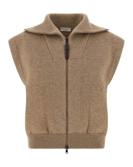 Brunello Cucinelli Brown 'Shiny Zipper Pull' Vest