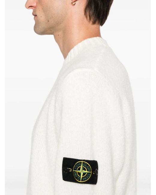 Stone Island White Ribbed Crewneck Sweater for men