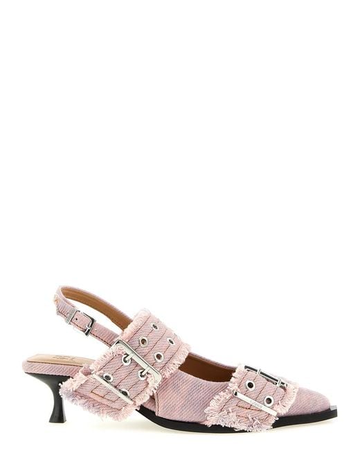 Ganni Pink 'Feminine Buckle Fringed Denim' Slingback