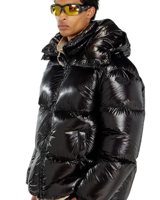 DIESEL Black Down Padded Jacket With Removable Hood for men