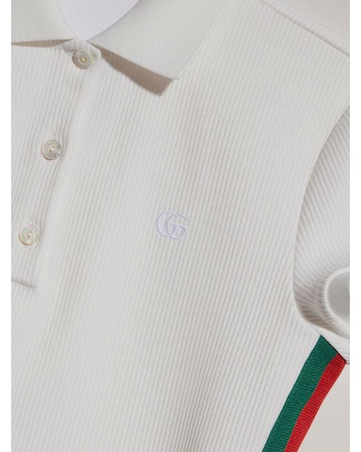 Gucci White Cotton Jersey Ribbed Polo With Web