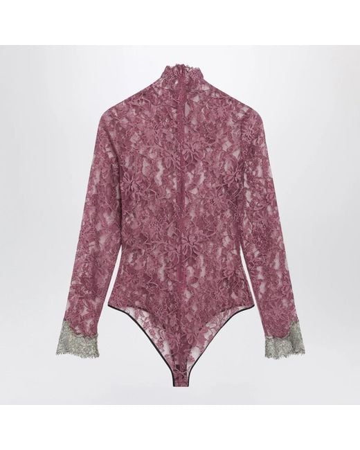 Valentino Purple Lace Bodysuit With Contrasting Cuffs