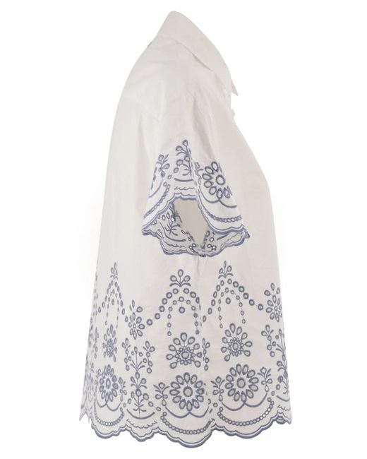 Mc2 Saint Barth White Cropped Cotton Shirt With Floral Embroidery