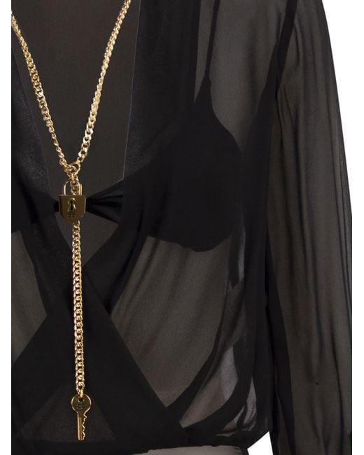 Elisabetta Franchi Black Voile Shirt Bodysuit With Jewel Necklace