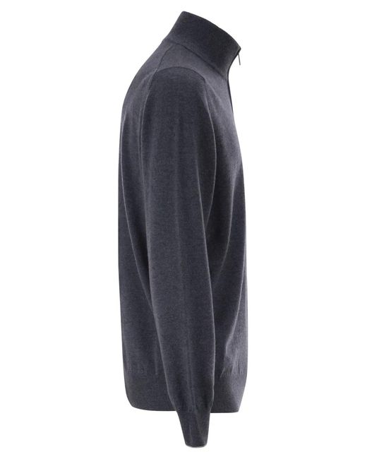 Brunello Cucinelli Blue Cashmere Turtleneck Sweater With Zipper for men
