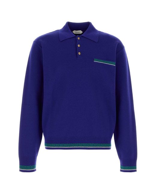 Versace Blue Knit Sweater Greca Tipping for men