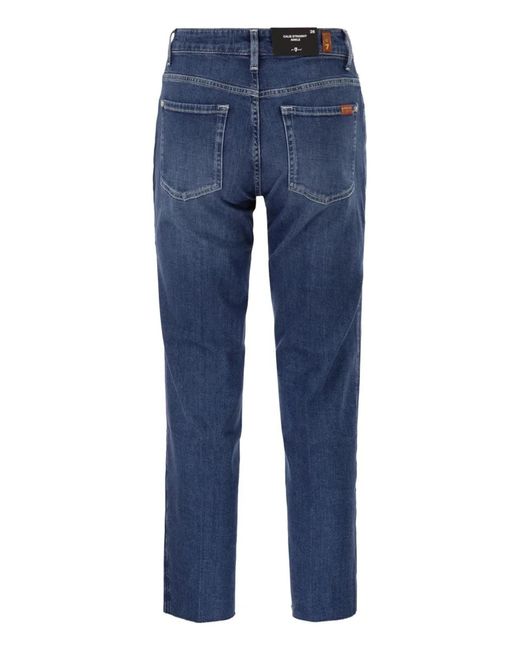 7 For All Mankind Blue Calie Straight Ankle Stretch Denim Jeans With Metallic Fibre