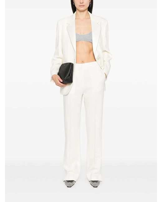 Golden Goose Deluxe Brand White Journey W's Single Breasted Over Jacket Viscose Wool Crepe W Satin Lapel & Beads Embroidery