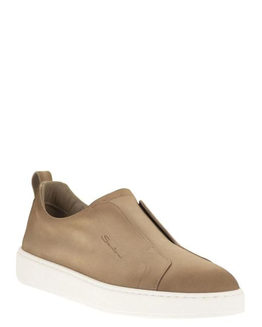 Santoni Brown Suede Leather Slip-On Trainers With Rubber Sole for men