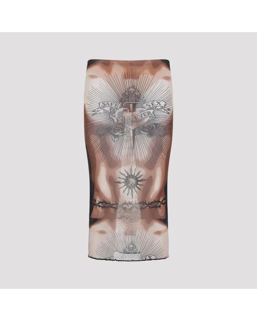 Jean Paul Gaultier Brown Safe Sex Tattoo Polyamide Midi Skirt