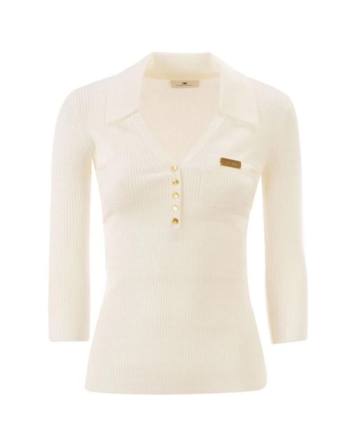 Elisabetta Franchi White Micro-Cable Knit Polo Shirt