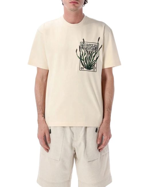 Moncler Natural Embroidered Botanical Cotton T-Shirt for men