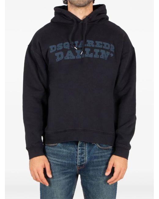 DSquared² Blue Cotton Hooded Graphic Print Sweater for men