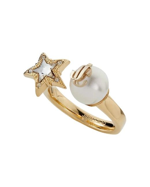Jimmy Choo Metallic Finish Metal Ring With Crystal Star And Pearl