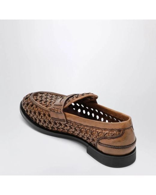 Miu Miu Brown Cognaccolored Woven Leather Penny Loafers