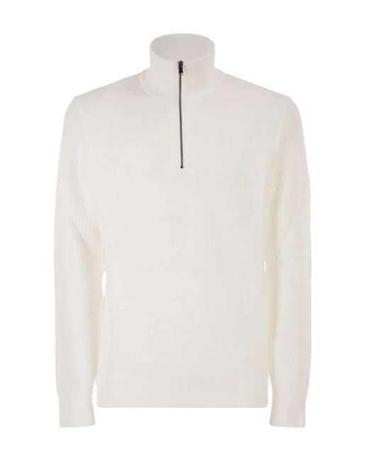 Boss White Textured Cotton Sweater With High Neck And Zip for men