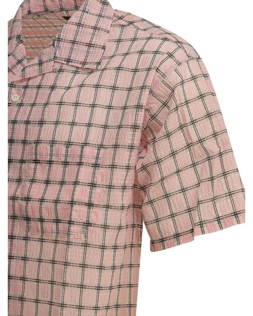 Beams Plus Pink "Open Collar Nylon Airy Plaid" Casual Shirt for men