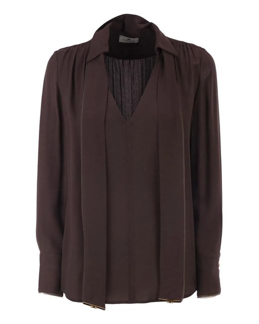 Elisabetta Franchi Brown Viscose Georgette Shirt With Sash