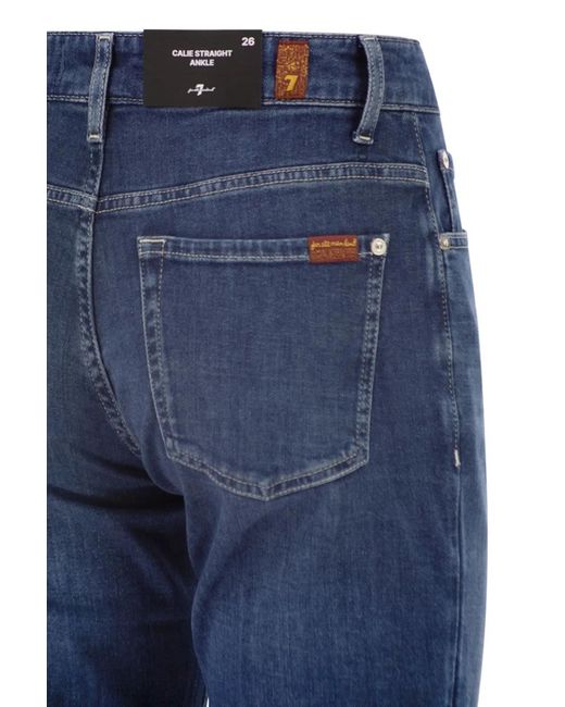 7 For All Mankind Blue Calie Straight Ankle Stretch Denim Jeans With Metallic Fibre