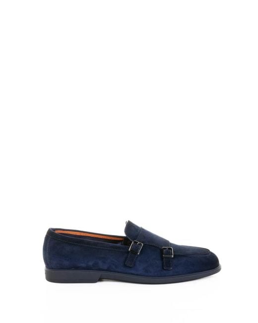 Santoni Blue Double Buckle Suede Moccasin for men