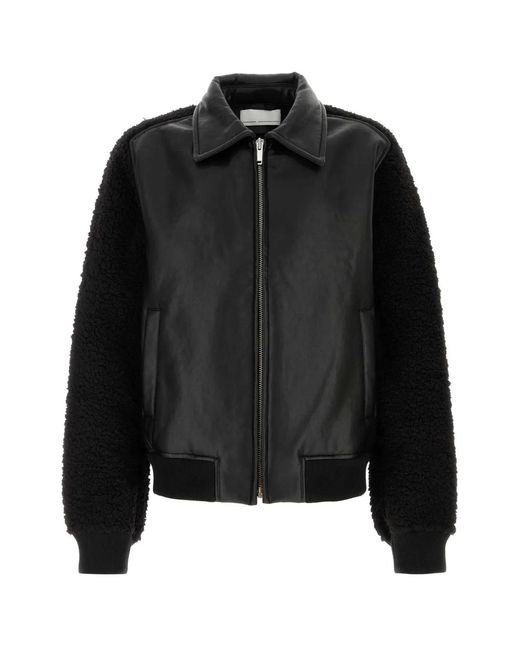 Random Identities Black Faux Shearling Leather Bomber Jacket Woven for men