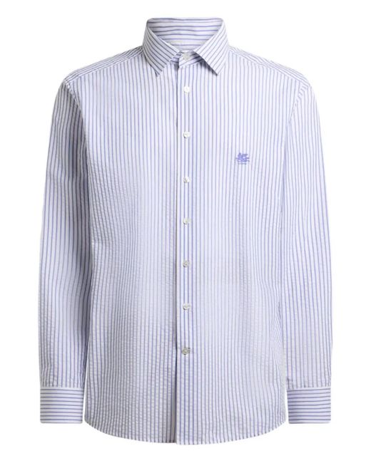 Etro Blue Striped Cotton Seersucker Shirt for men